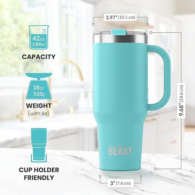 Beast 42 oz Tumbler Stainless Steel Vacuum Insulated Coffee Ice Cup Double Wall Travel Flask (Aqua Blue)