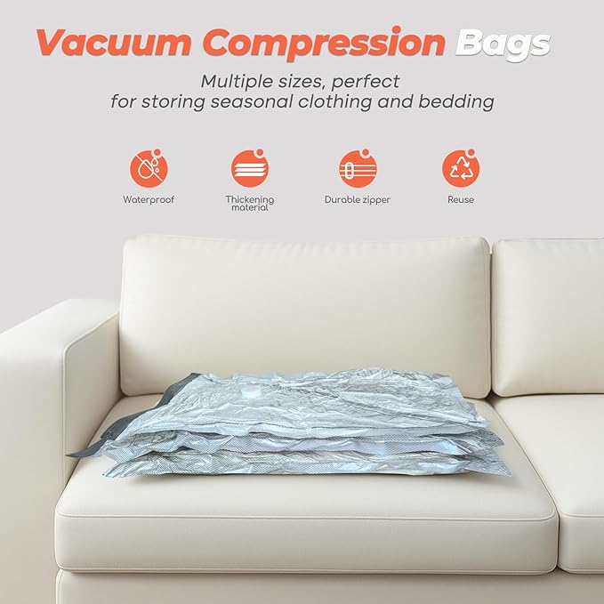 Vacuum Seal Bags for Clothing with Rechargeable Cordless Pump, 12 Pack Compression Packing Bags, Space Saver Storage for Seasonal Clothes Bedding Blanket Pillows Comforters Luggage Travel