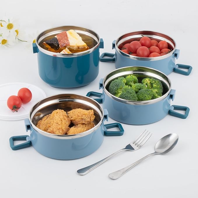 SANQIAHOME 4 Tier Stackable Stainless Steel Lunch Box Sealed(blue, 4 layers) with spoon and fork