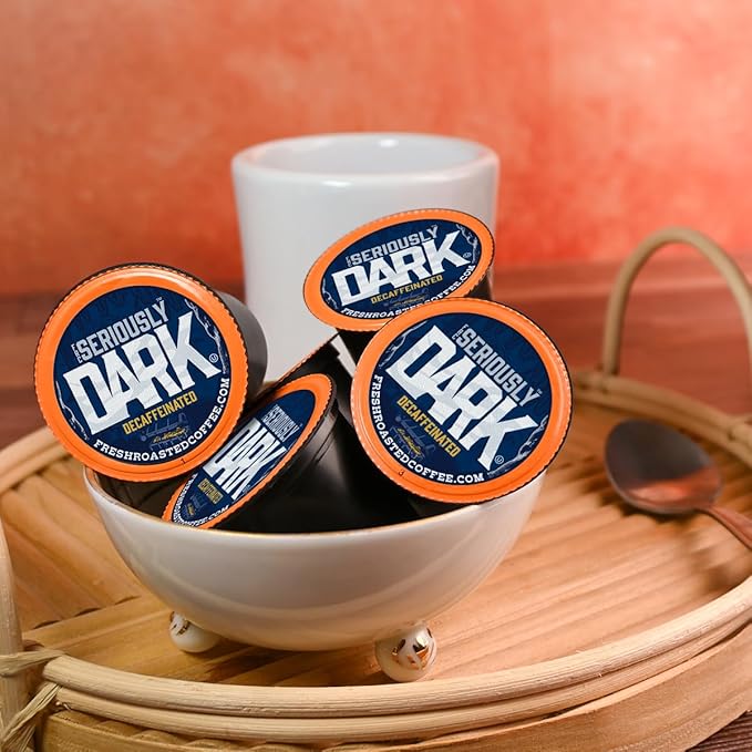 Fresh Roasted Coffee, Seriously Dark Decaf Artisan Blend, Kosher | 96 Pods for K Cup Brewers