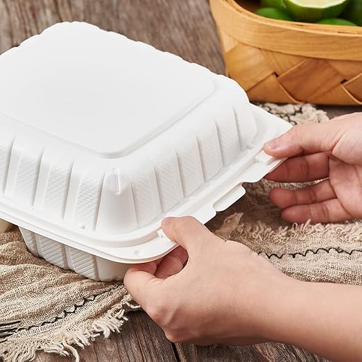 8X8" 1-Compartment 50Pack Plastic Clamshell Take Out Food Containers Heavy-Duty Togo Disposable Lunch Box With Secure Snap Hinged Lid Meal Prep for Parties Restaurants and Food Trucks Microwave Safe