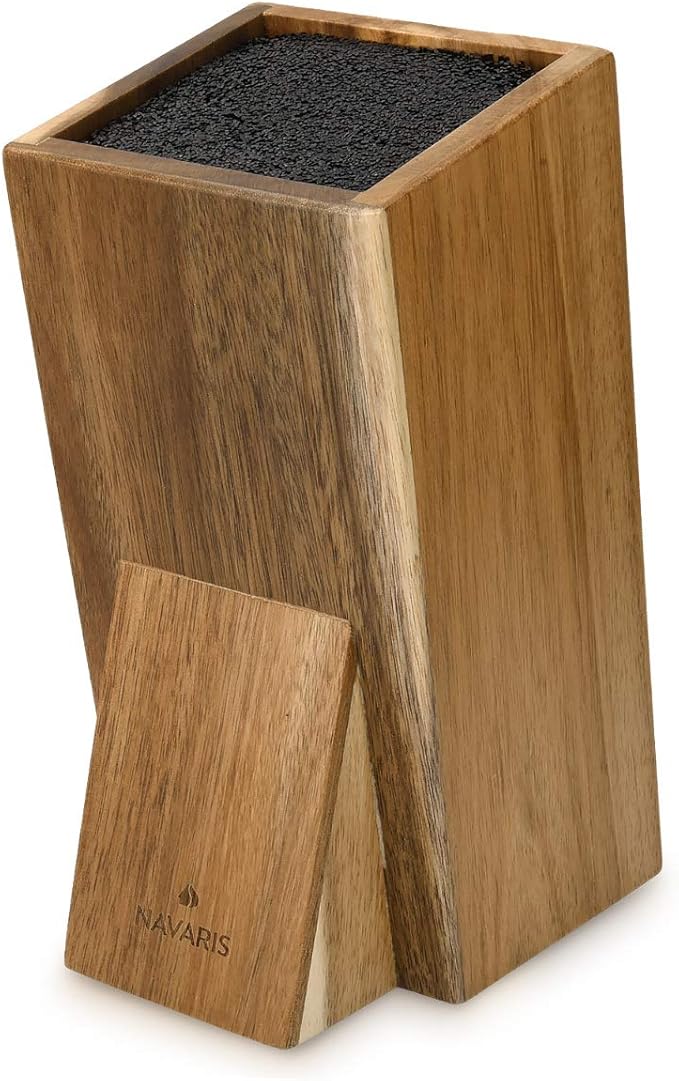 Navaris Universal Knife Block Holder - Acacia Wood Stand with Bristles to Fit Different Sizes of Knives - Angled Design, 9.8" x 5.9" x 4.1’"