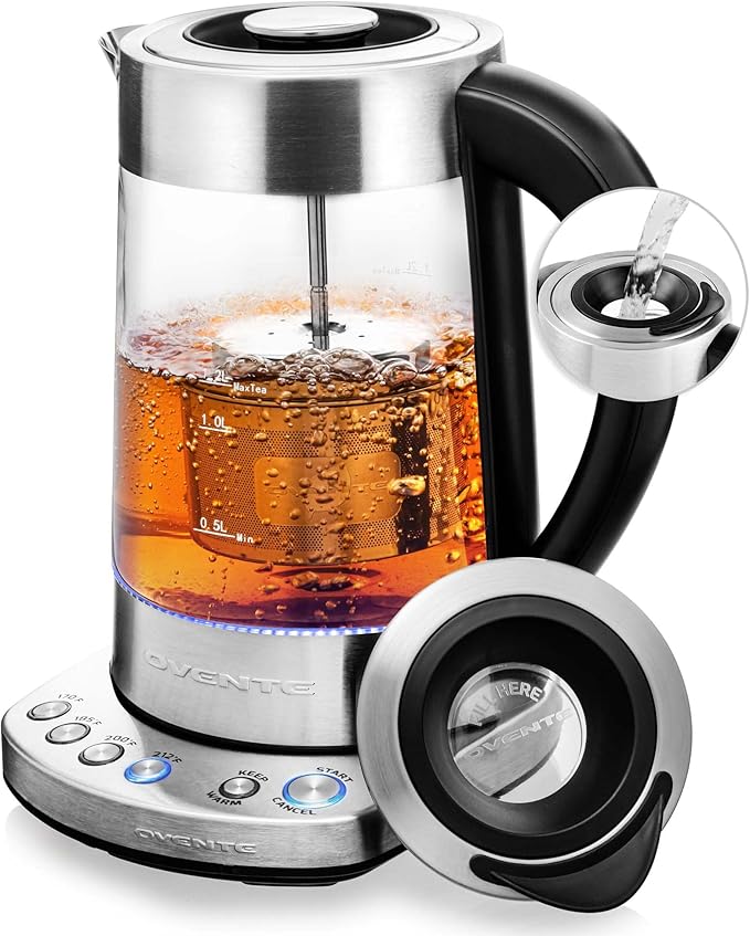OVENTE 1.7L Electric Tea Kettle with Removable Infuser, Variable Temperature Control, Keep Warm Function, 1500W Fast Heating Water Boiler, BPA Free Borosilicate Glass & Easy to Fill Lid, Silver KG733S