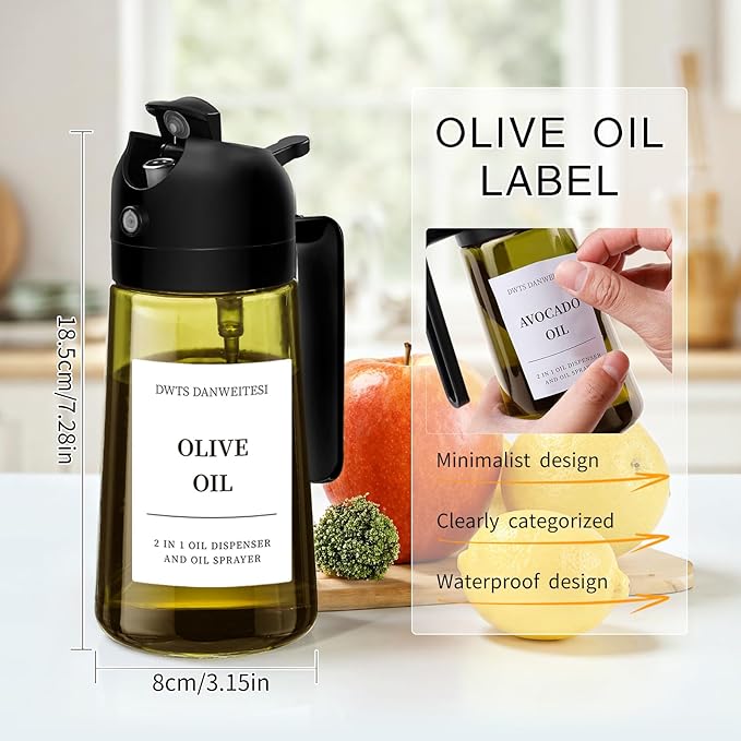 DWTS DANWEITESI Oil Sprayer for Cooking 2pcs,2 in 1 Oil Dispenser and Oil Sprayer Kitchen Gadgets,16oz Dark Green Glass Oil Spray Bottle(Light Blockage),Perfect Kitchen Accessories