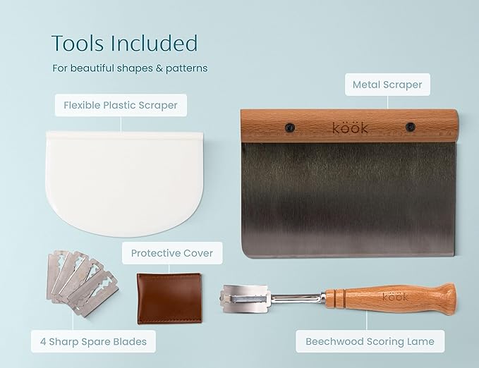 Kook Proofing Set, Sourdough Bread, 1 Rattan 9 Inch Banneton Basket, 1 Basket Cover, Metal Scraper, Plastic Scraper, Scoring Lame, 5 Blades and Case, Baking Kit, Dough Bowls, Round Shape