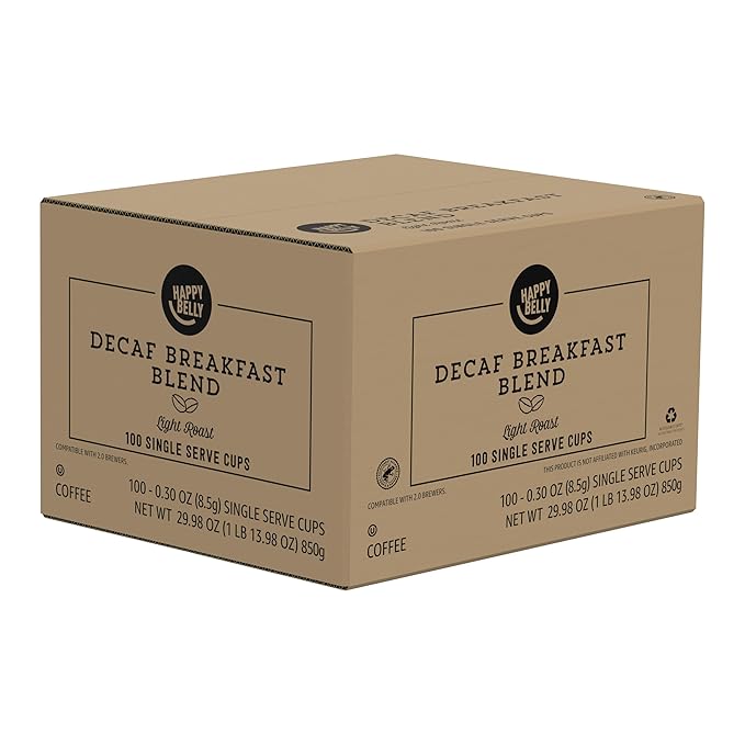 Amazon Brand - Happy Belly Decaf Light Roast Coffee Pods, Breakfast Blend, Compatible with Keurig 2.0 K-Cup Brewers, 100 Count