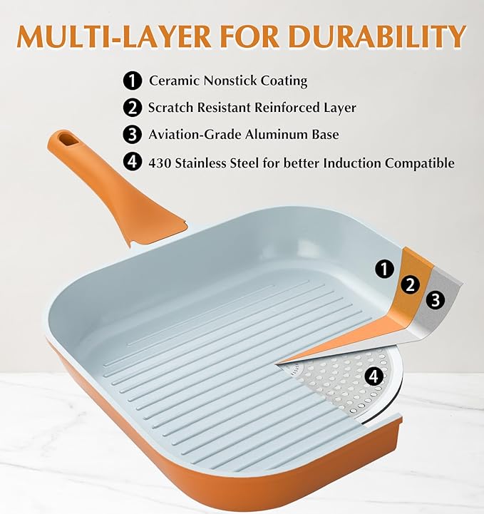 KOCH SYSTEME CS 9.5 Inch Nonstick Grill Pan for Stove Tops, Square Griddle Pan with Pour Spouts, Grill Pan for Indoor Cooking, Grill Skillet with Bakelite Handle, PTFE & PFOA Free, Orange