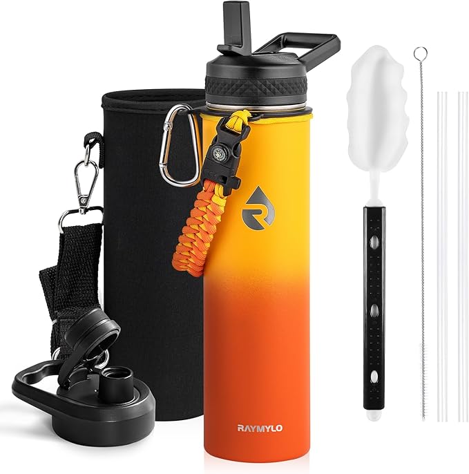 Insulated Water Bottle 24oz, Triple Wall Vacuum Stainless Steel (Cold for 48 Hrs, Hot for 24Hrs), Leak Proof & Non-BPA, 24oz Hydro Water Flask with Paracord Handle & Straw Spout Lids