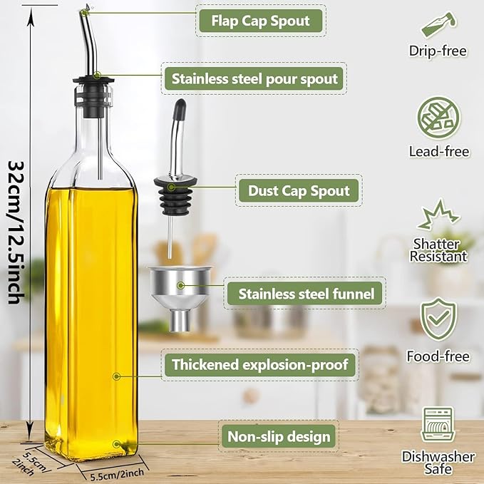Olive Oil Dispenser, 500 ml/17 oz Vinegar and Olive Oil Bottle Dispenser Oil Bottles for Kitchen with 1 Pourers,2 Labels and 1 Funnel, Home Square Tall Glass Oil Container As Gift