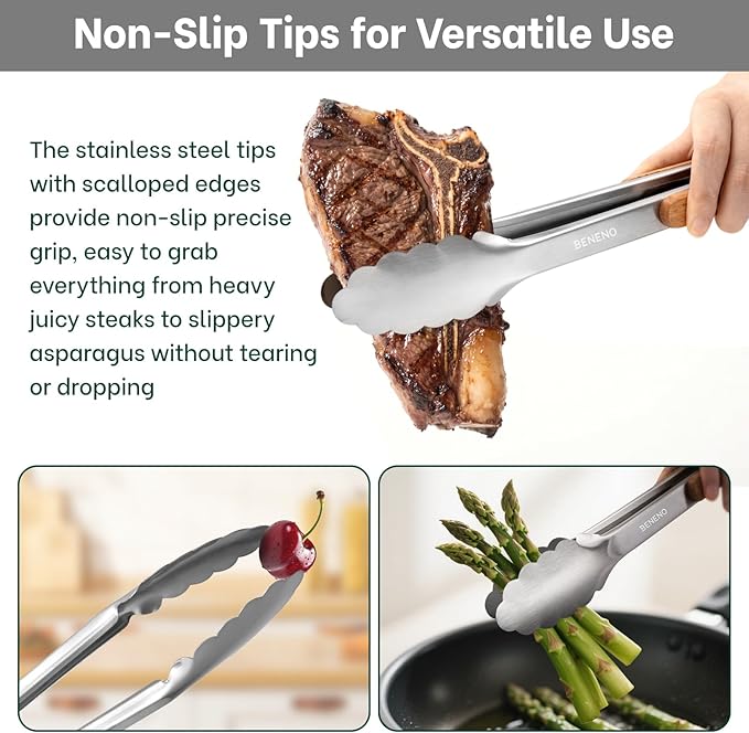 Beneno 12-Inch Food-Grade Stainless Steel Kitchen Tongs with Heat-Insulating Wooden Handle & Non-Slip Scalloped Tips, Heavy Duty Locking Food Tongs for Cooking, Grilling, BBQ and Serving