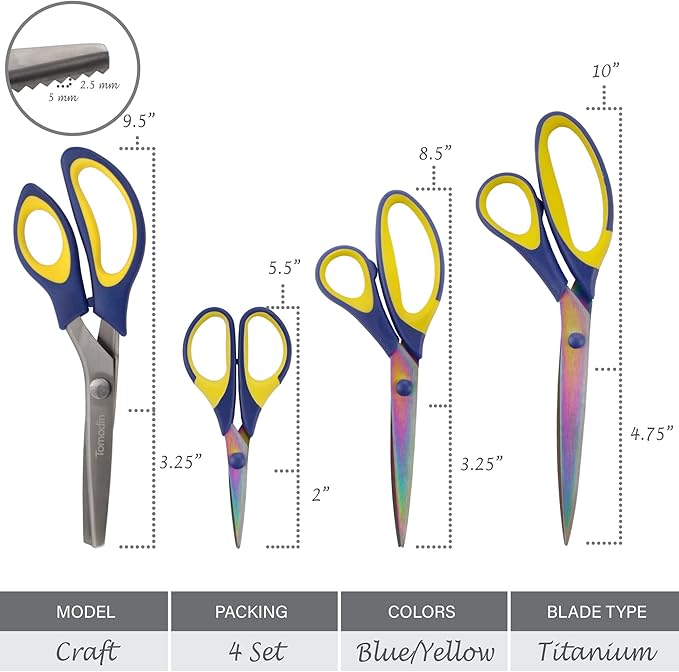 BambooMN Titanium Softgrip Scissors Set - Pinking, Sewing, Arts, Crafts, Office - 3 Sets of 4 - Blue w/Yellow