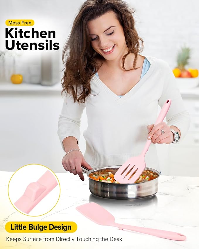 Pack of 2 Silicone Spatula Turners, Non Stick Slotted Kitchen Spatula Set, Heat Resistant BPA Free Kitchen Utensils, One-Piece Design, Suitable for Flipping Fish, Eggs, Steak, Pancakes (PINK)