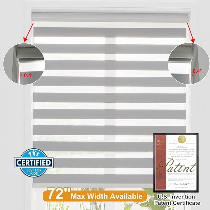Persilux Cordless Zebra Blinds for Windows Free-Stop Roller Windows Shades (31" W X 47" H, Grey) Dual Layer Light Control for Day and Night, Light Filtering Sheer Shades for Home, Bedroom