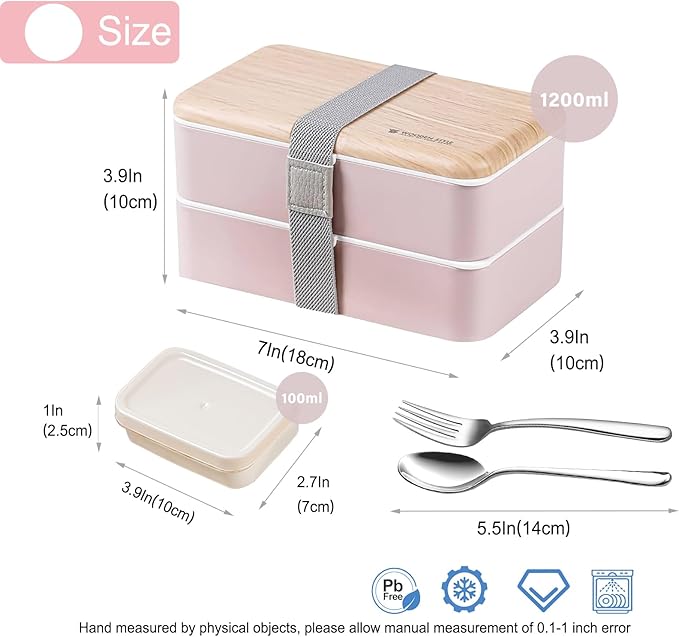 Original Bento Box Lunch Box Japanese Style 2 Layer Food Containers with Utensils Spoon and Fork Bundle Divider Salad Box for Men Women(Pink)