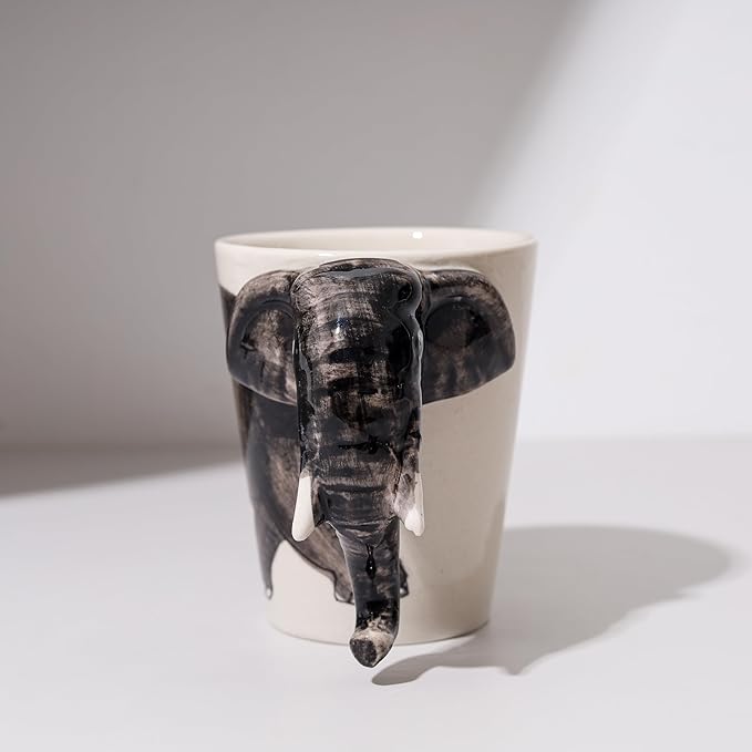 IYARA CRAFT 3D Elephant Coffee Mug 11oz - Handle is Sculpted Trunk, Cute Wildlife Design, Quality Ceramic, Microwave & Dishwasher Safe, Ideal for Tea & Hot Chocolate, 4.5" x 5"… (Black trunk down)