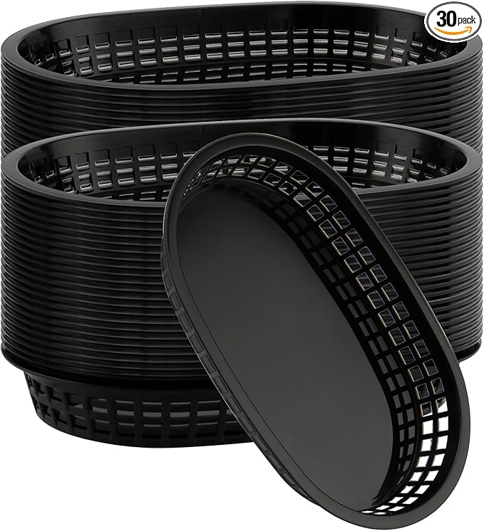 30 Pack 10.5x6.7x1.3 Inch Black Plastic Fast Food Baskets, Restaurant Serving Baskets, Flat Oval Fast Food Serving Basket for Picnic, Deli Serving, Chicken, Burgers and Fries