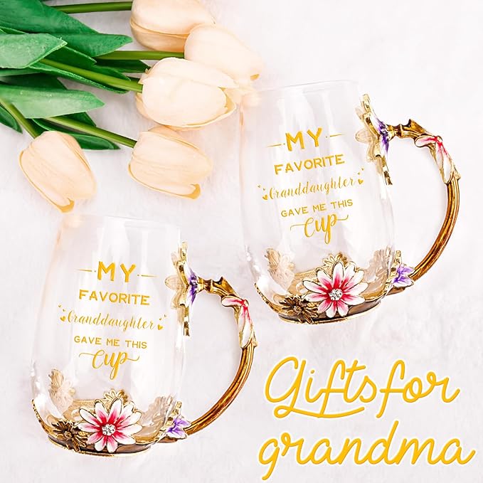 OEAGO Grandma Gifts from Granddaughter Tea Cup Birthday Grandparent Gifts Mothers Day Enamel Flower Glass Mugs from Grandkids Grandchildren