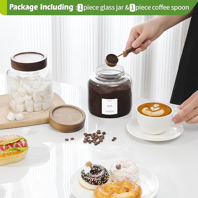 Glass Food Storage Jar with Lids Spoon Thicken Glass Coffee Canister Borosilicate Glass Food Containers for Ground Coffee Beans Nut Pasta Sugar Candy Spice Rice Loose Tea (1200ml(40oz) B)