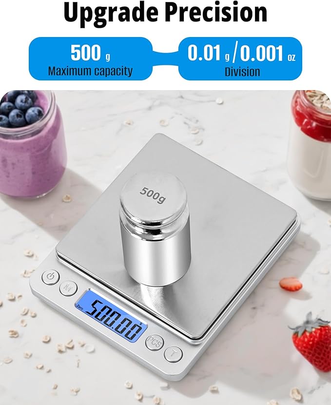 NEXT-SHINE Gram Scale 500g x 0.01g Precision, Digital Mini Pocket Size Portable Scale with Two Trays Nine Units, LCD Display Stainless Steel Platform for Weighing Jewelry Cooking Baking