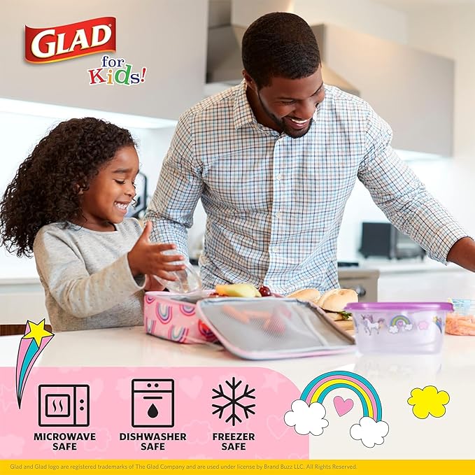 Glad for Kids GladWare Snack Containers with Unicorn Design - 24 oz BPA-Free Plastic Food Storage with Lids and Dressing Cups - Microwave and Dishwasher Safe, 4 Count - 6 Pack