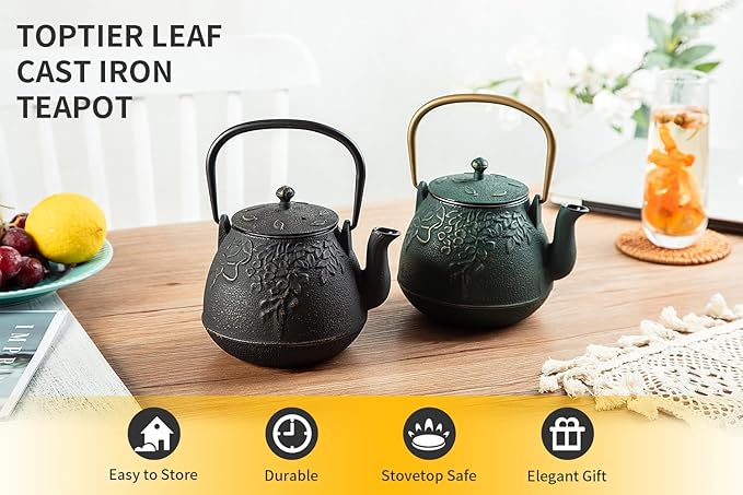 Tea Kettle, TOPTIER Japanese Cast Iron Teapot with Infuser, Leaf Design Cast Iron Tea Pot Stovetop Safe Coated with Enameled Interior for 40 Ounce (1200 ml), Dark Green