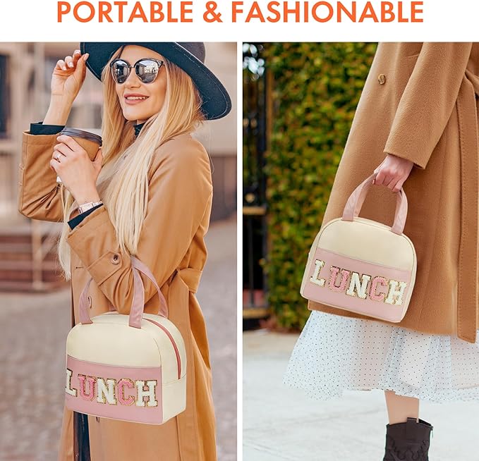 Lunch Bag for Women Insulated For Men PU leather Small Office Work lunch with Chenille Letters Leakproof Freezable Cooler Reusable Portable Box (White&Pink)