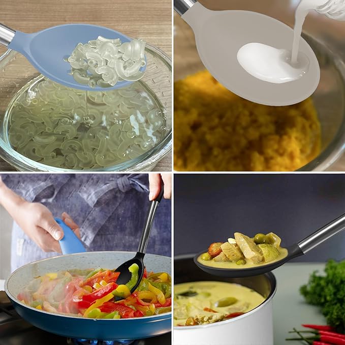 Silicone Spatula and Cooking Spoon,5 Pack Non-Stick Cooking Utensils for Kitchen，Heat Resistant Solid & Slotted Spoons and Spatulas, Stainless Steel Handle Coated with Silicone, Khaki