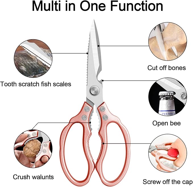 CGBE Kitchen Scissors, Multi-Purpose Kitchen Shears, Heavy Duty Dishwasher Safe Food Scissors for Chicken, Poultry, Fish, Meat & Herbs with Non-Slip Grips - Rosegold