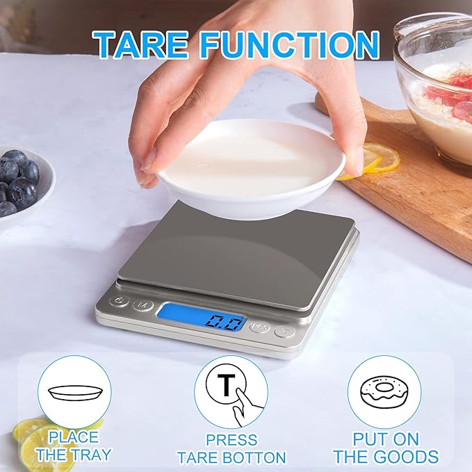Small Digital Food Scale Ounce/OZ and Gram Scale, Kitchen Scale 3000g/0.1g High Precision for Baking, Soap Making, Jewelry, Includes 2 Trays and Batteries, 9 Units, Tare Function, Easy to Store