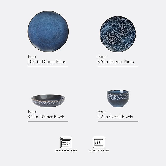 Gibson Elite Matisse 16-Piece Dinnerware Set – Double Bowl Reactive Glaze Stoneware in Blue – Plates and Bowls for 4, Microwave & Dishwasher Safe, Rustic Modern Design