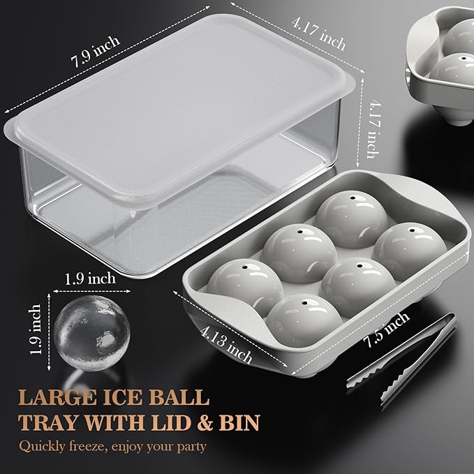 Whiskey Ice Ball Maker with Lid and Bin, 1.9" Round Ice Cube Trays for Freezer, Large Sphere Whisky Ices Cubes Tray Circle with Bucket&Tong, Cocktail Bourbon Brandy Scotch(Gray-6 Balls*2 Pack)