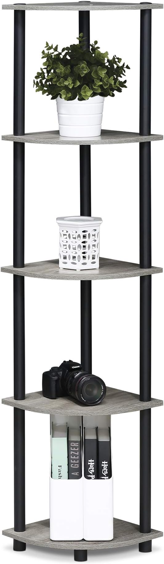 Furinno TURN-N-TUBE Corner Shelf Set of 2, 5-Tier Corner Bookshelf, Open Storage Shelves, for Organization and Storage, Living Room, Home Office, Garage, French Oak