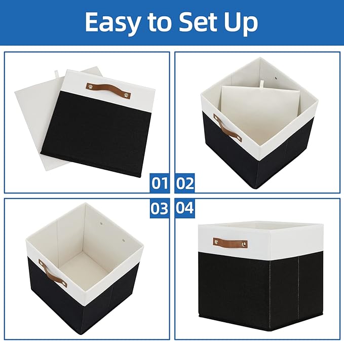 Temary Fabric Storage Bin 4 Pack Cube Storage Bin for Shelf Fabric Cube Storage Basket 13 Inch Cube Storage Bins Foldable Storage Cubes with Leather Handles(White&Black)