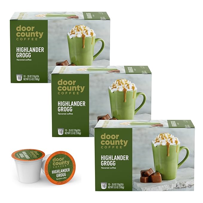 Door County Coffee Highlander Grogg Flavored Ground - 30 Count Single Serve Cups - Medium Roast - 100% Specialty Arabica - Flavored Gourmet - Caramel & Irish Cream