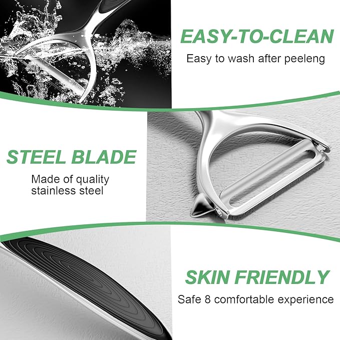Vegetable Peeler - Stainless Steel Ultra Sharp Shape Potato Peelers, Non-Slip Soft Grip Handle, Y and I Effortless Carrot & Fruit Peeling 5-in-1 Peeler Set