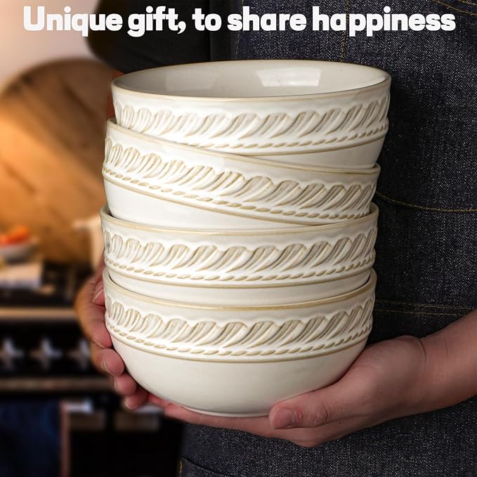 Artena Soup Bowls 32 OZ, Cereal Bowls Set of 4, White Embossment Ceramic Ramen Bowl for Salad, Dinner, Pho, Noodle, Pasta, Snacks, Dishwasher Microwave Safe, 6.3 Inch, Willow Leaf