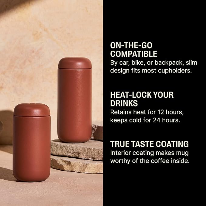 Fellow 16 oz Carter Move Travel Mug - Vacuum-Insulated Stainless Steel Travel Coffee Mug - Coffee Tumbler with Ceramic Interior and Splash Guard - Sienna