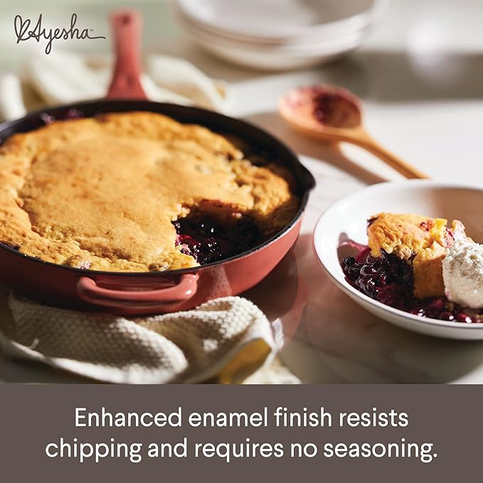 Ayesha Curry Kitchenware Enameled Cast Iron Skillet/Frying Pan with Helper Handle and Pour Spouts, 12 Inch - Redwood Red