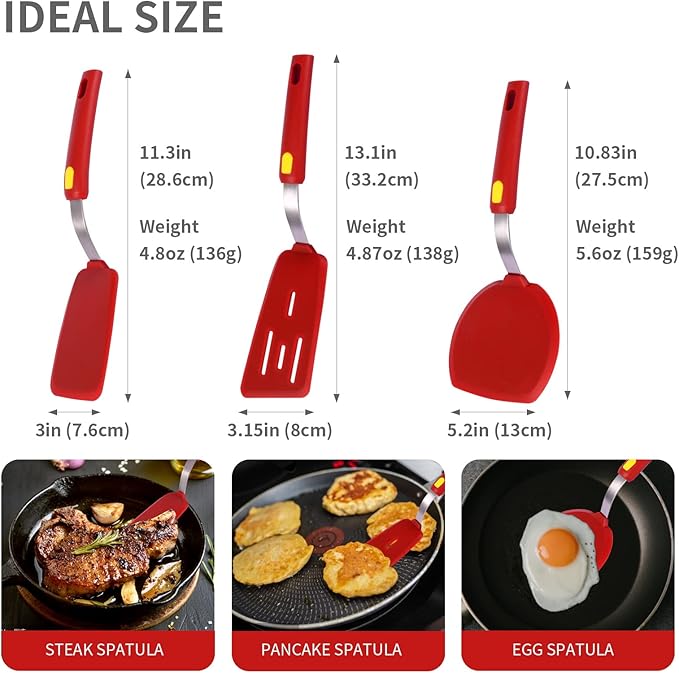 Silicone Spatula Turner Heat Resistant 600°F 3 Piece Set Non Scratch Flexible Slotted and Solid Thin Rubber Spatula Flipper for Cooking Pancake,Egg,Fish,Burger,Steak for Nonstick Cookware,Red