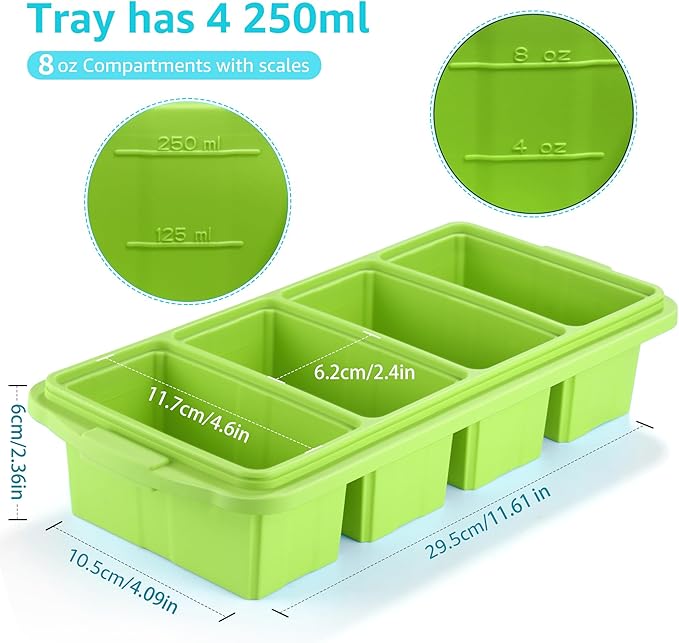 Silicone Freezer Tray With Lid - Silicone Freezer Food Molds- Large Ice Cube Tray,Silicone Freezer Container,Freeze & Store Soup, Sauce, Broth,Leftovers - Makes 4 Perfect 1 Cup