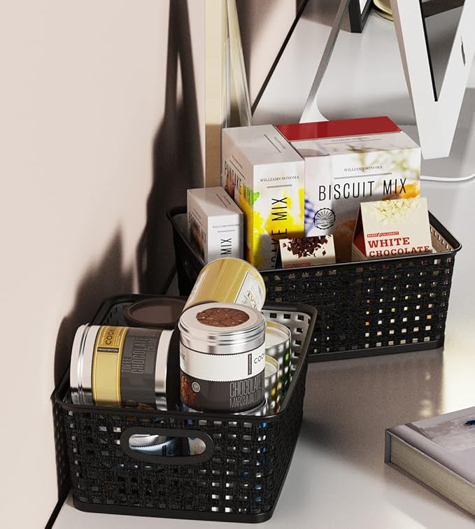 WYT 12-Pack Plastic Small Shelf Storage Weave Baskets for Organizing, Black