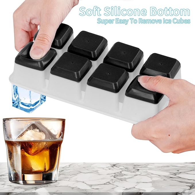 Large Ice Cube Trays with Lid, Jrisbo 2 Pack Stackable Silicone Ice Cube Molds for Freezer, Easy Release 16 Big Square Ice Trays for Whisky Cocktails (Black)