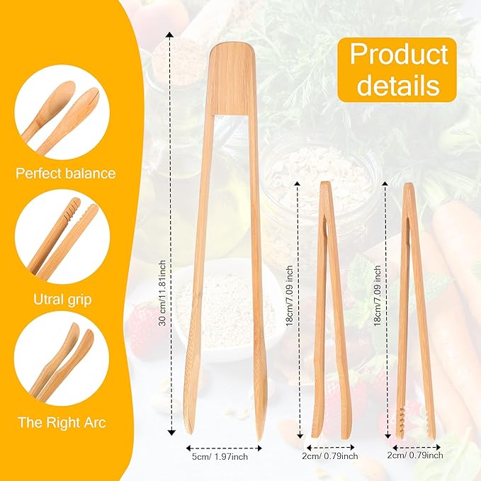 Zopeal 3 Pcs Christmas Kitchen Gift Set Bamboo Utensils for Cooking Wooden Toaster Tongs Long Cooking Salad Tongs for Picking up Cheese Bacon Toast Cake Fruits Bread Spaghetti for Kitchen Women Men