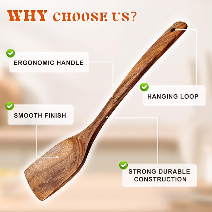 4Pcs Wooden Spoons for Cooking, Acacia Wood Kitchen Utensils Set for Nonstick Pans, Smooth Finish Cooking Utensils with Long Handle, Wooden Spatula for Cooking, Mixing, Baking