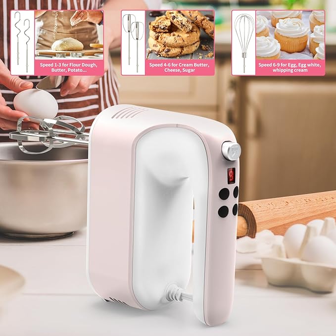 CBQ Hand Mixer Electric, 9 Speed 400W Handheld Mixer with Digital, Touch Button, Turbo, Storage Case, 5x Stainless Steel Accessories, Mixer Electric Handheld for Cake, Cookie, Egg (Pale Pink)