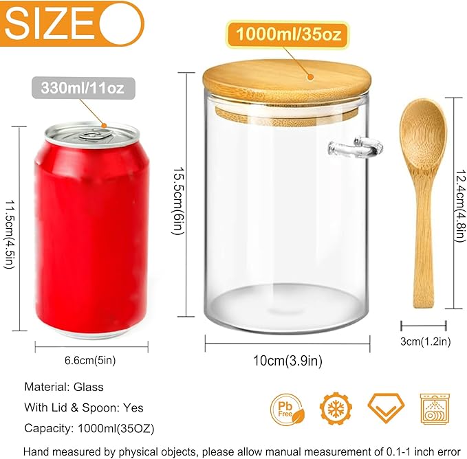 33.8Oz Large Airtight Glass Jar with Spoon and Lid, Overnight Oats Containers,Glass Storage Containers for Coffee, Tea, Sugar, Spice, Bath Salt, salad 1pcs