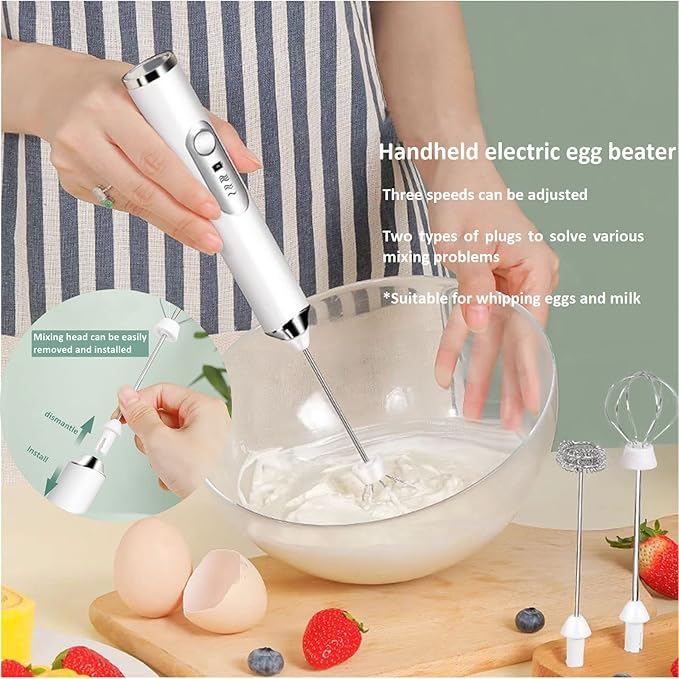 Rechargeable Milk Frother, 3-Speed Electric Handheld Frother with 2 Whisks and Coffee Decoration Tool, Stand-up Design, for Cream, Latte, Cappuccino (Black)