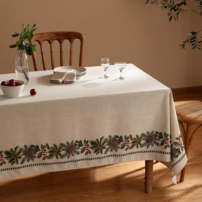 ISAENNE Designer Christmas Linen Rectangular Tablecloth,Light Beige Western Elegant Table Cloth,Wrinkle Resistant Decor Tablecloths for Dining Thanksgiving Kitchen Christmas,55"*87"-Carol G