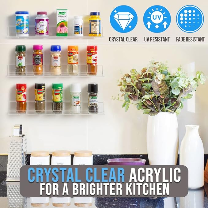 Wall Mounted Spice Rack Shelves [3-Pack] - Clear Acrylic 15" Spice Shelves with Open Shelf Ends