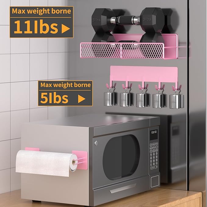 Magnetic Spice Rack for Refrigerator, 10 Pack 100% Metal Strong Magnet Shelf, Space Saving Spice Organizer W/ Hooks, Movable Magnetic Fridge Shelf, Kitchen Home Laundry Room Storage Organization, Pink